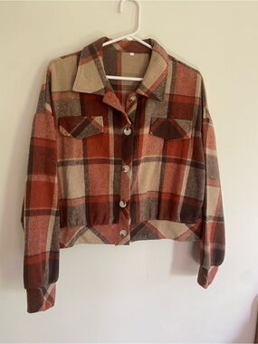 Plaid Button-Up Crop Jacket in Rust and Cream